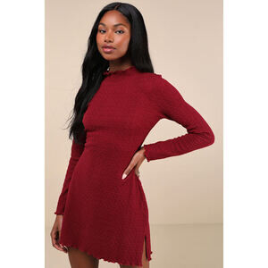 Lulus Flattering Forecast Wine Red Textured Long Sleeve Mini Dress - Size M